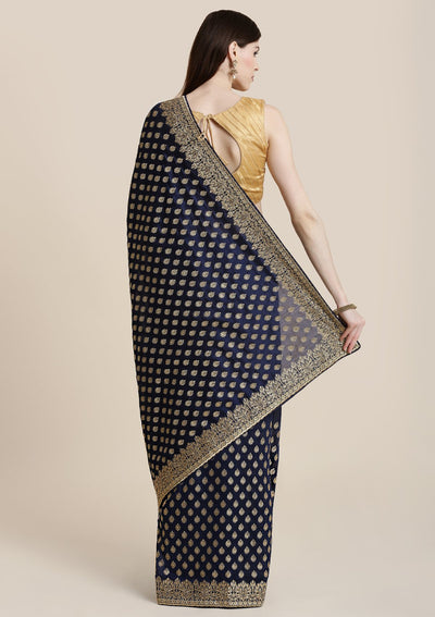 Navy Blue Zariwork Raw Silk Designer Saree-Koskii