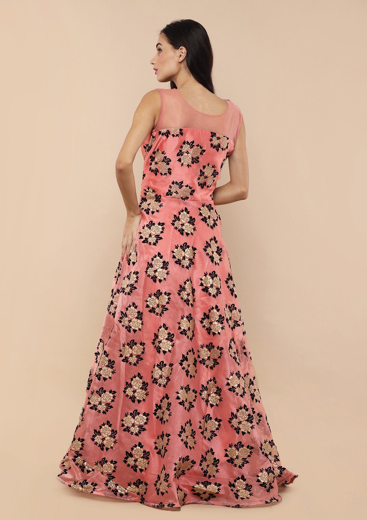 Baby Pink Floral Appliqu???Ìâ?å©d Silk Designer Gown-Koskii