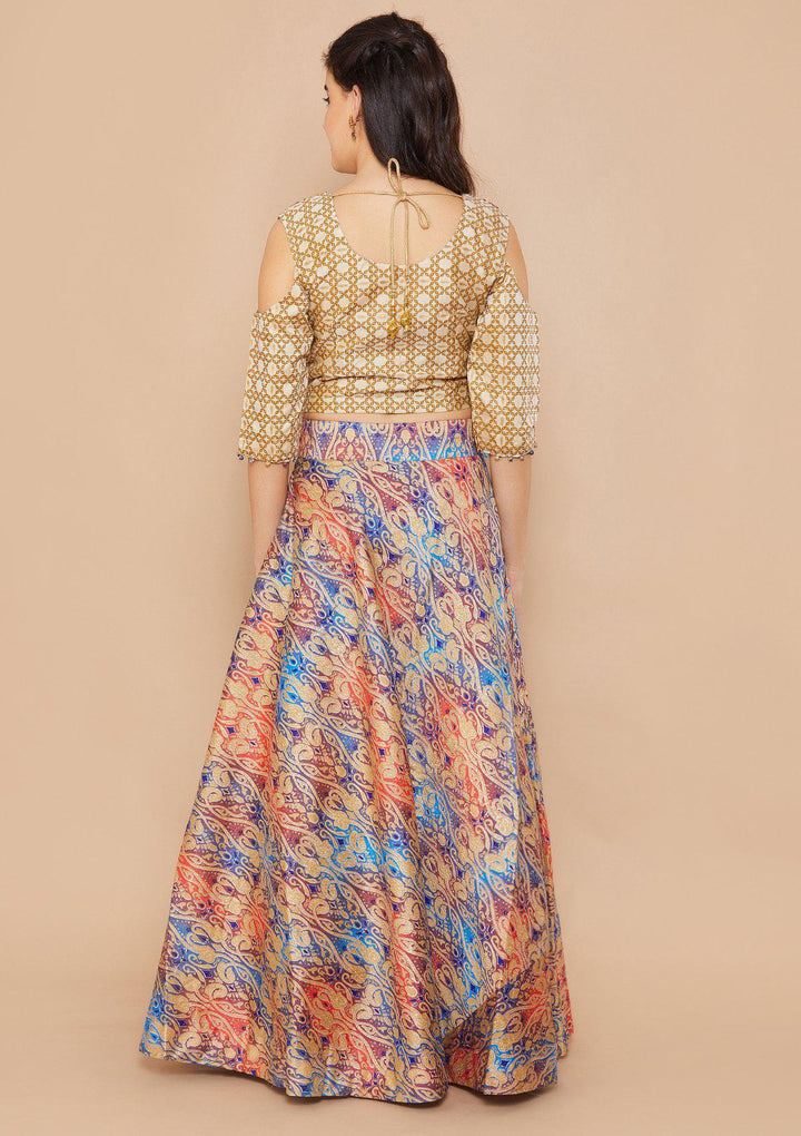Blue and Cream Brocade Designer Lehenga-Koskii