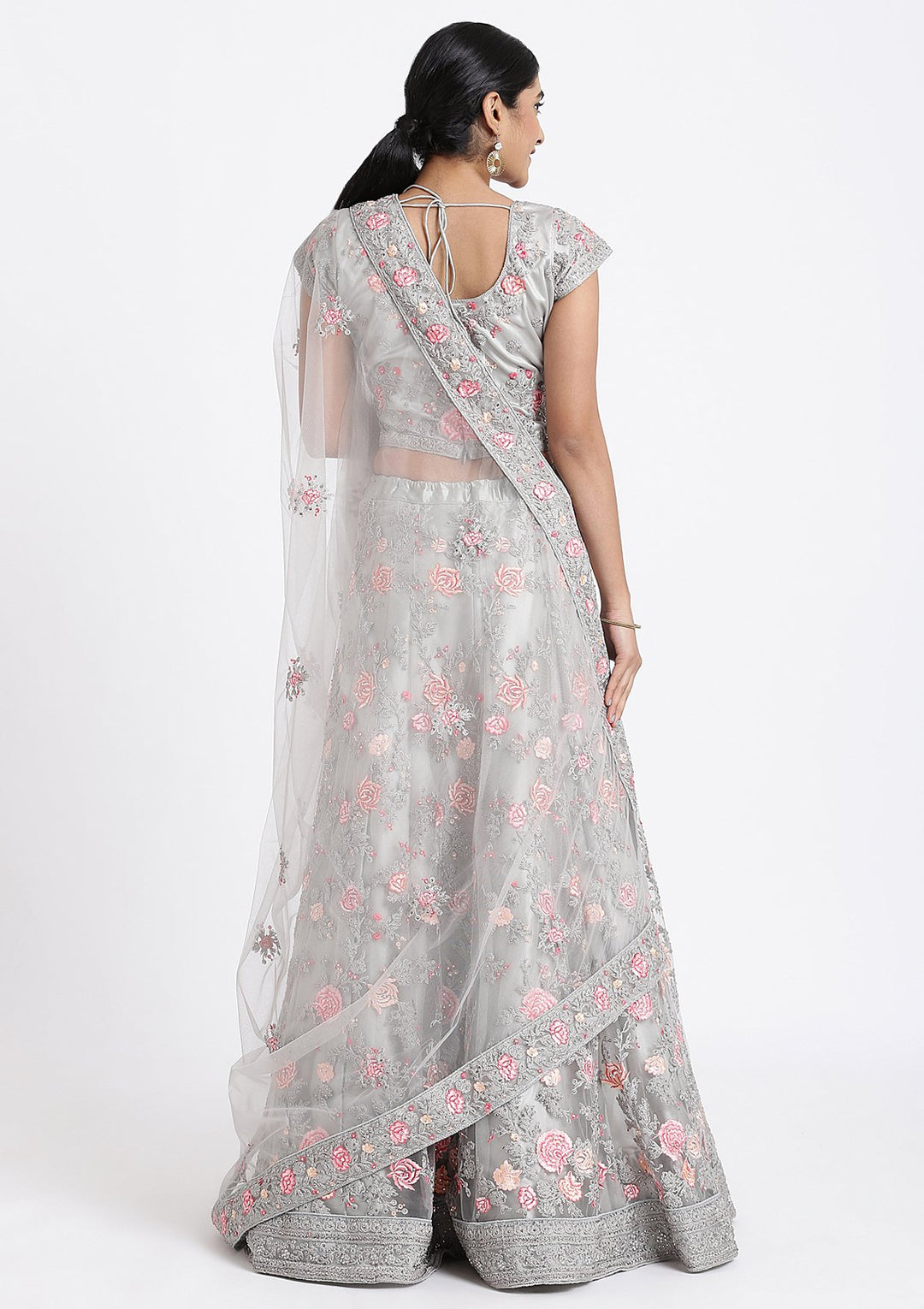 Silver Threadwork Net Designer Lehenga-Koskii