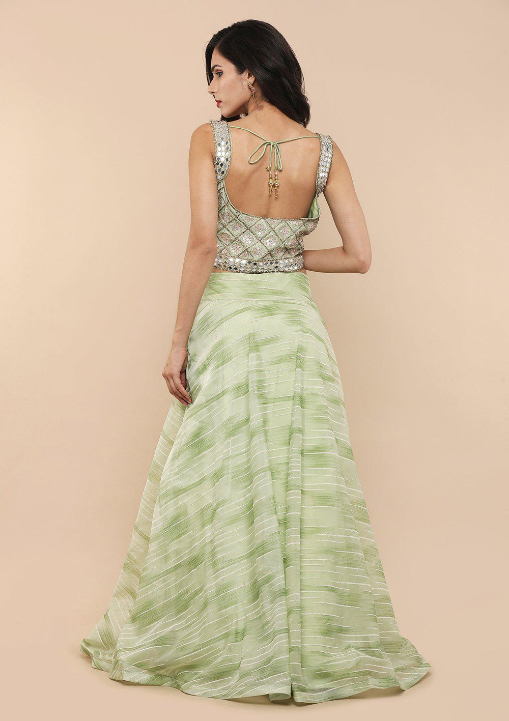 Green Mirror-Work Tissue Designer Lehenga-Koskii