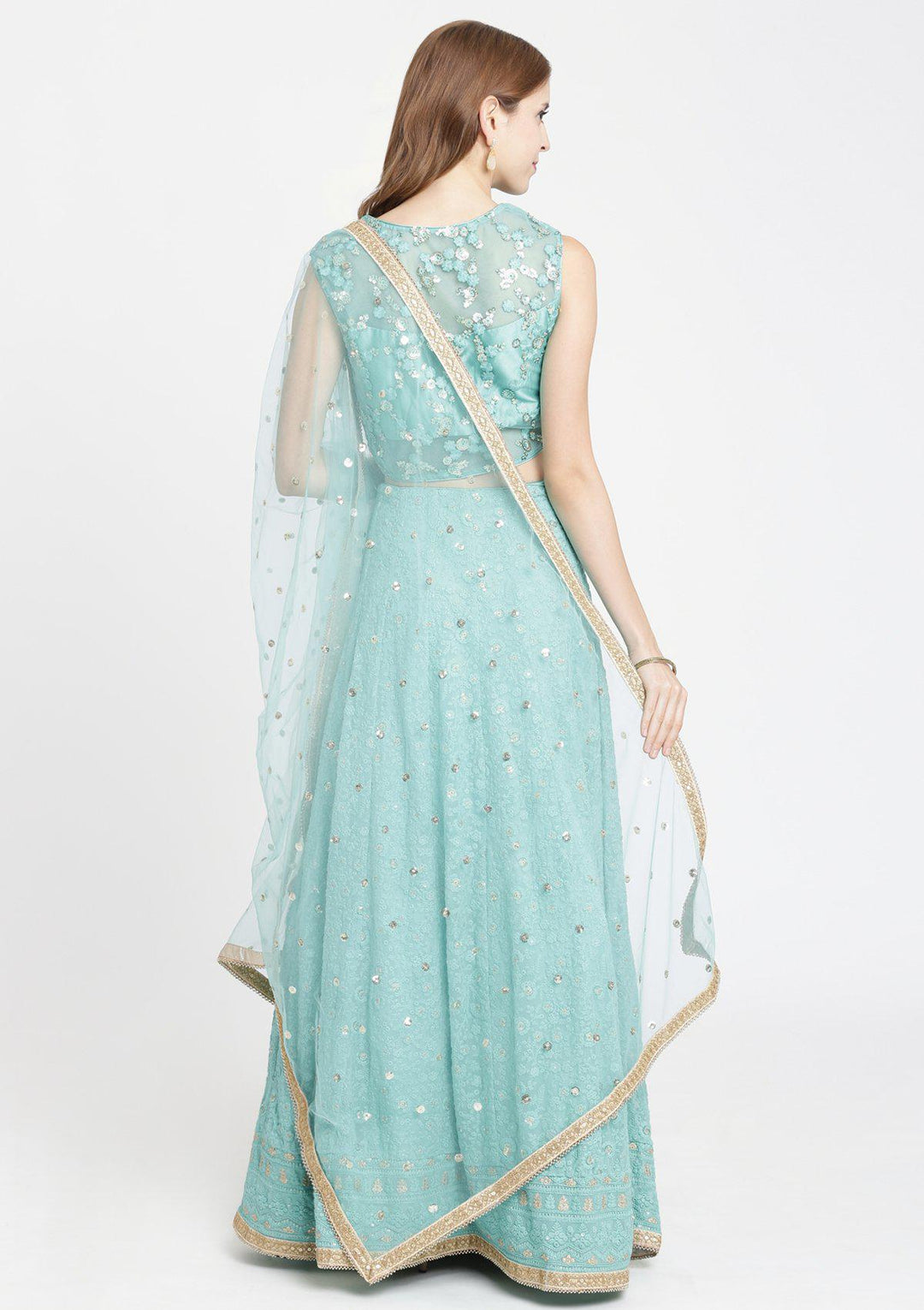 Sea Green Threadwork Chiffon Designer Lehenga-Koskii