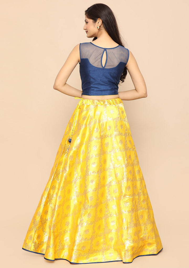 Yellow Mirror Work Silk Designer Lehenga-Koskii