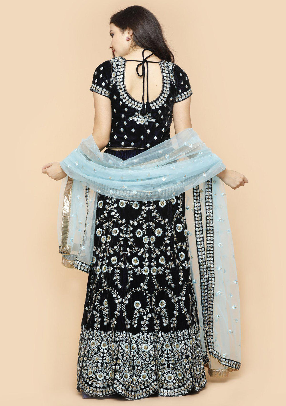 koskii blue floral velvet bridal lehenga-Koskii