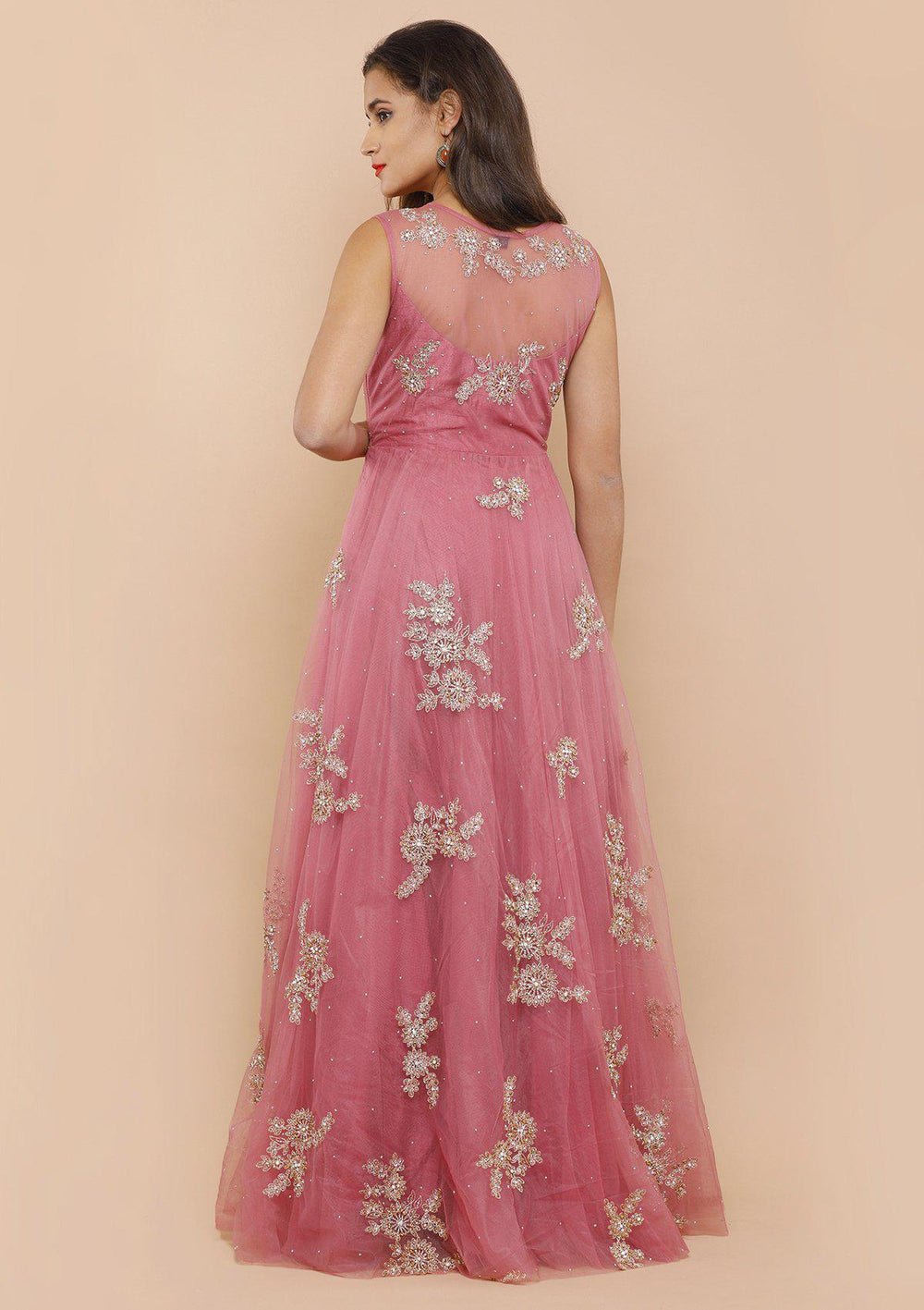 koskii dusty rose floral net gown-Koskii