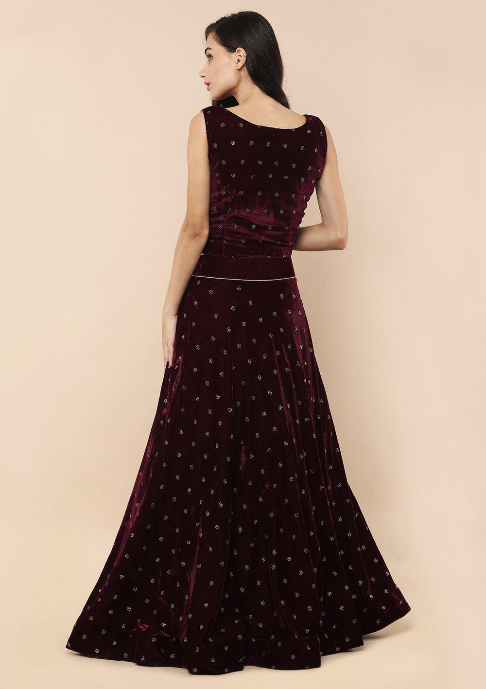 Red Wine Micro Stone Velvet Designer Lehenga-Koskii