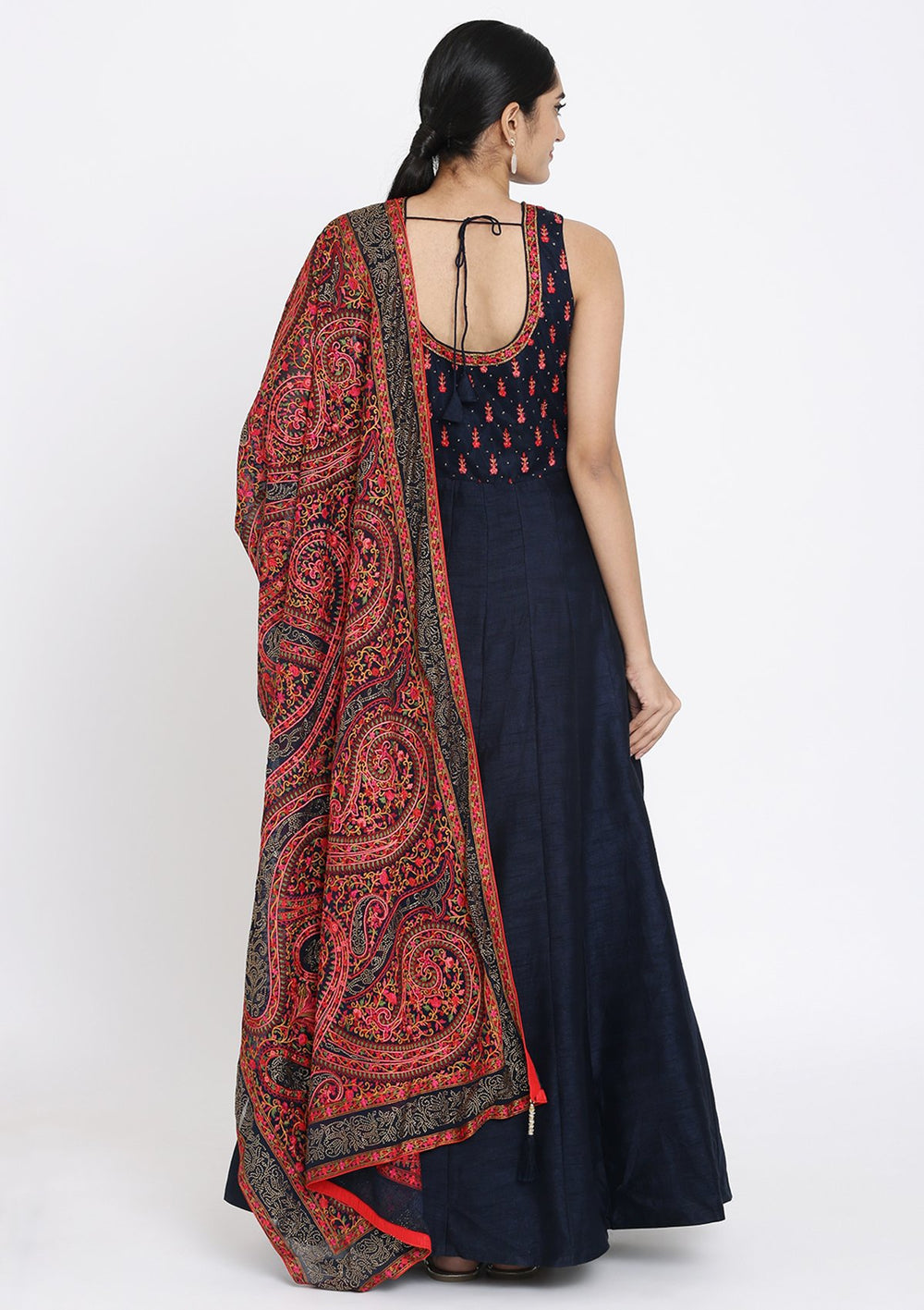 Navy Blue Swarovski Raw Silk Designer Gown - koskii