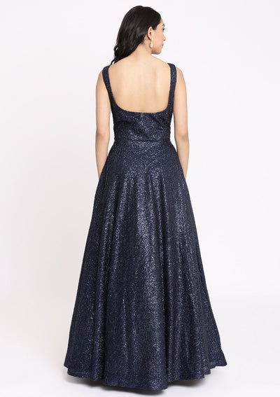 Navy Blue Sequins Imported Fabric Designer Gown-Koskii