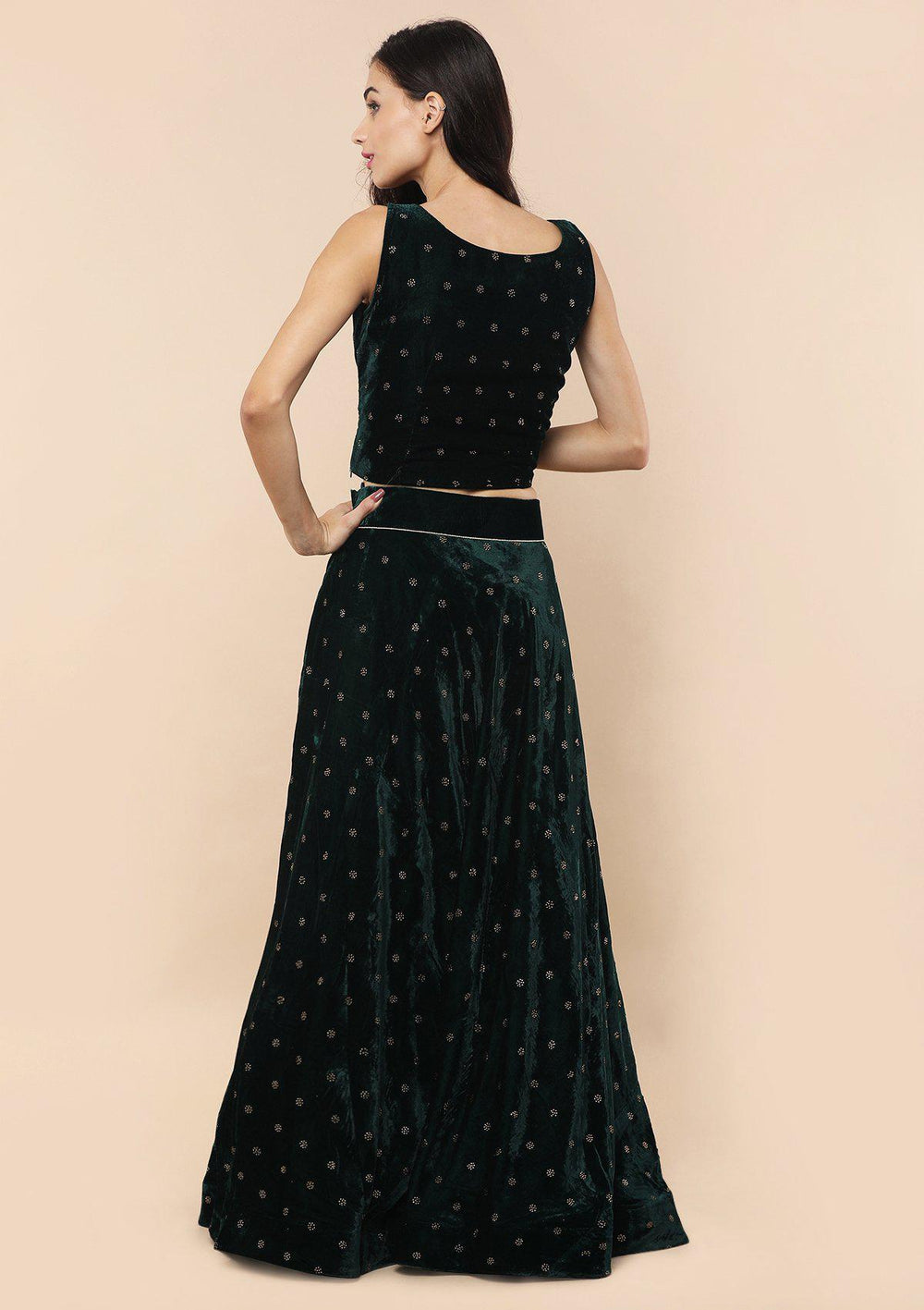 Bottle Green Sequinned Velvet Designer Lehenga-Koskii