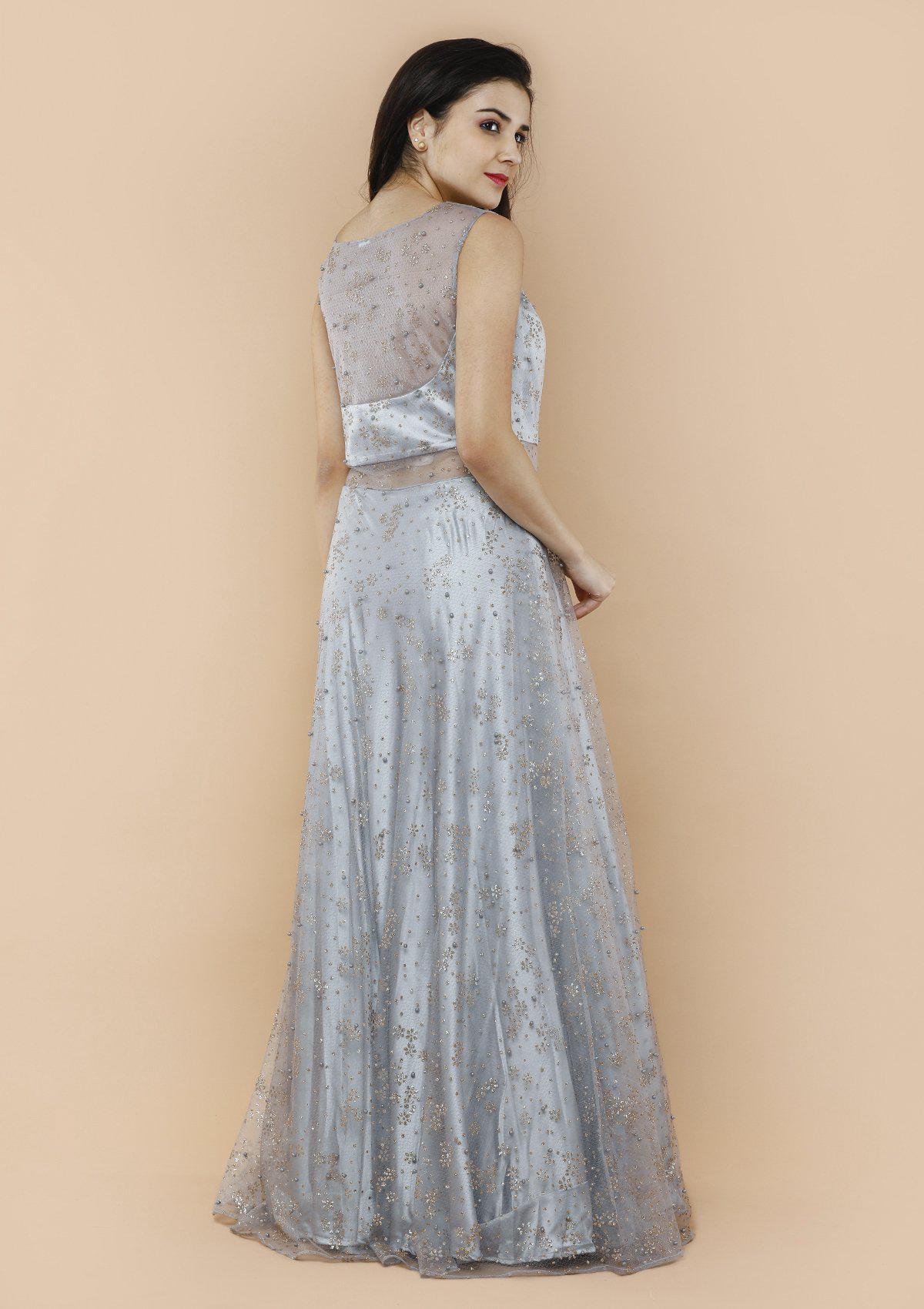 Grey Embellished Satin Designer Gown-Koskii