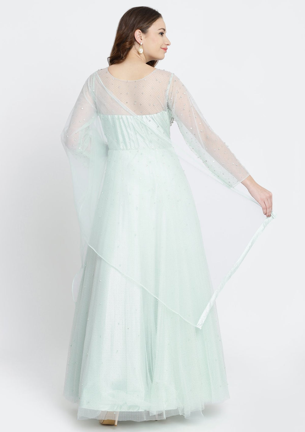 Sea Green Stonework Net Designer Gown-Koskii
