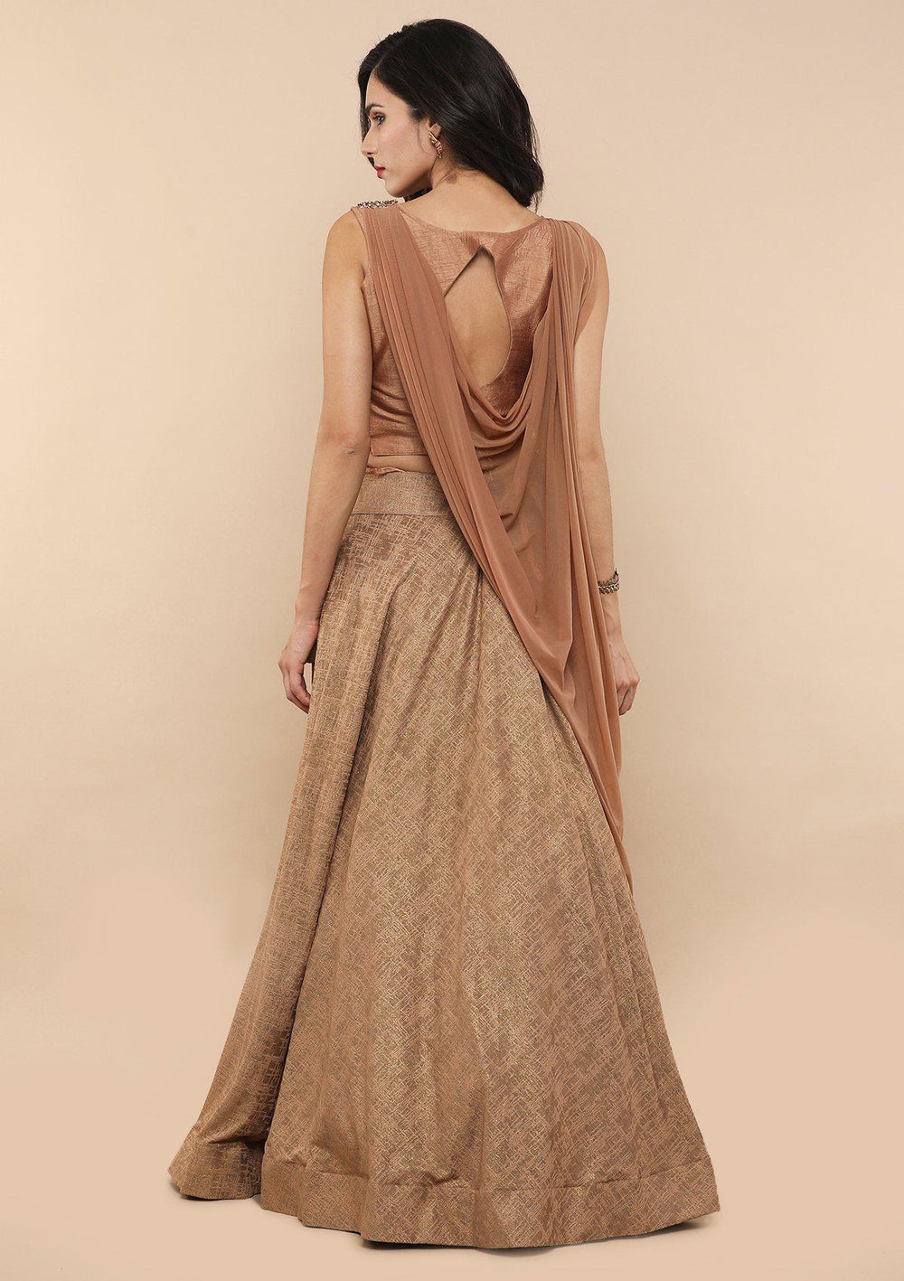 Chestnut Brown Raw Silk Drape Designer Lehenga-Koskii