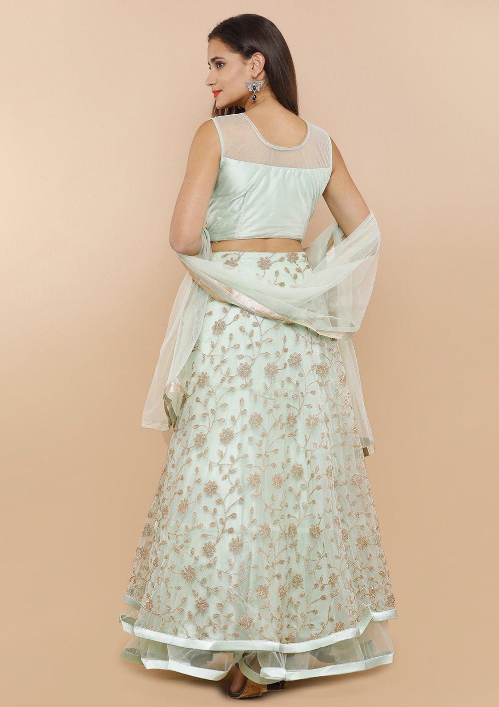 koskii seafoam green and gold net lehenga-Koskii