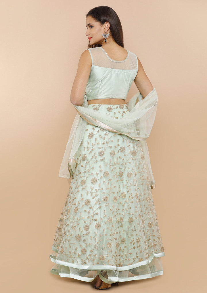 koskii seafoam green and gold net lehenga-Koskii