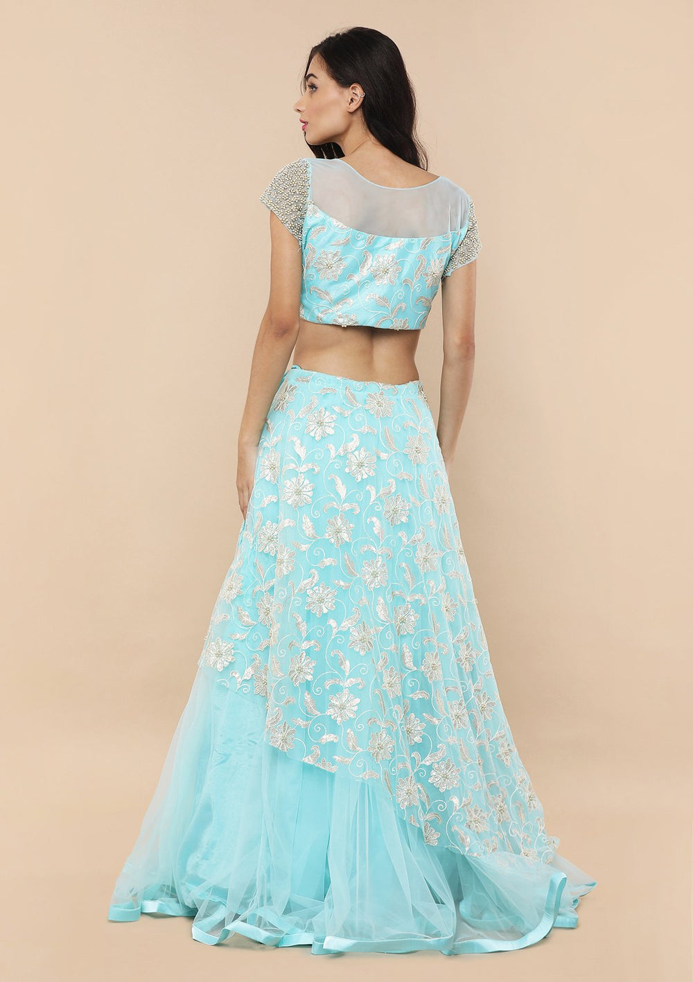 Light Blue Floral Thread Work Designer Lehenga-Koskii