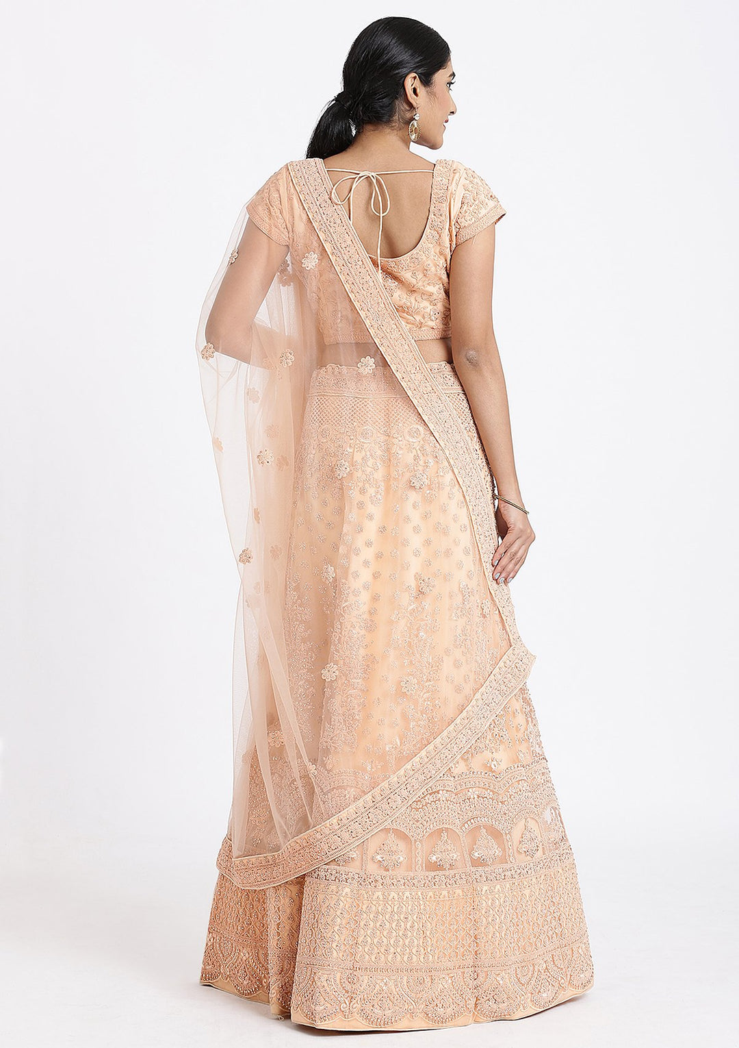 Peach Threadwork Net Designer Lehenga-Koskii