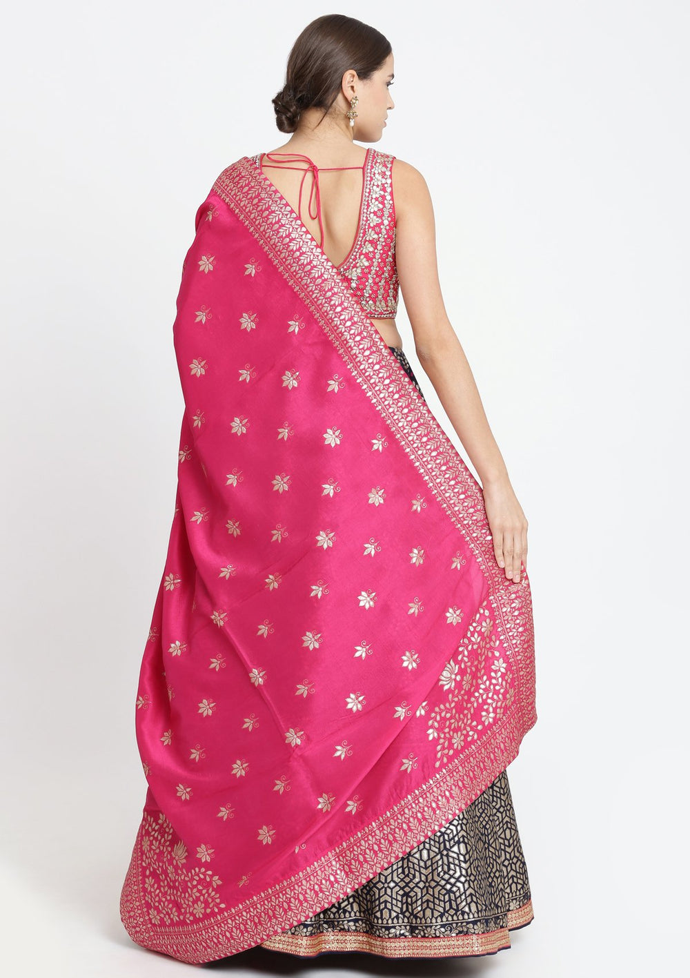 Navy Blue and Fuschia Gotapatti Brocade Designer Lehenga-Koskii