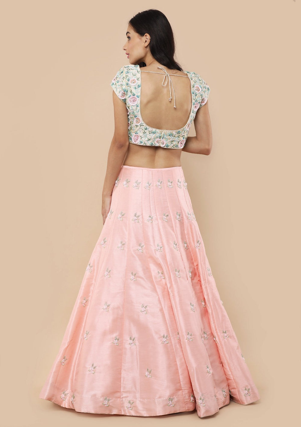Peach Floral Thread Work Silk Designer Lehenga-Koskii