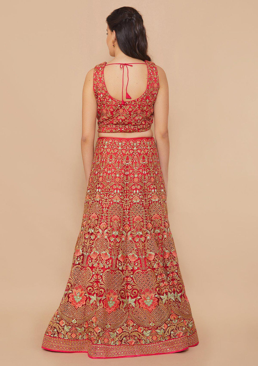 Rani Pink Zari-Work Net Designer Lehenga-Koskii