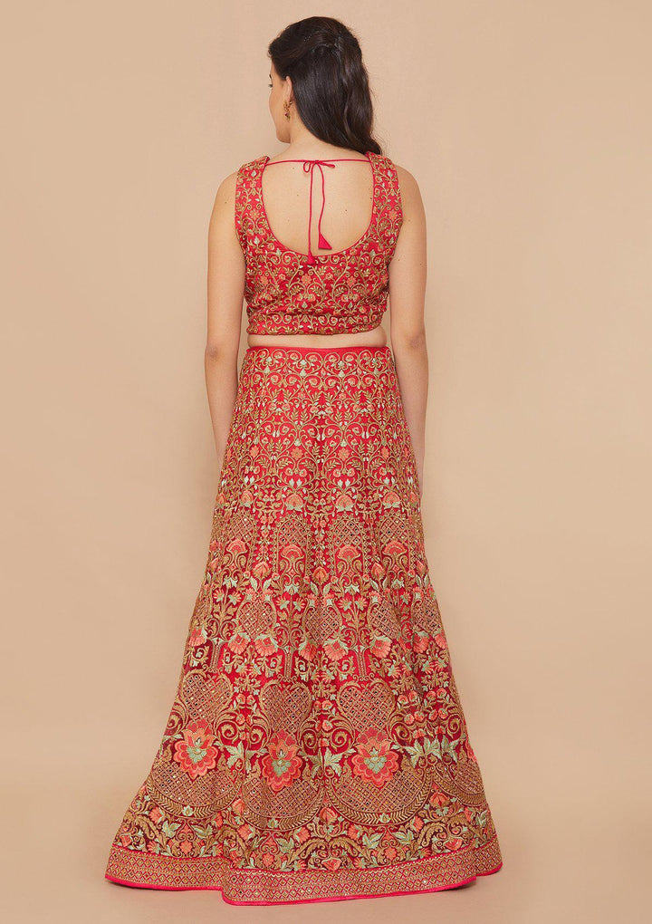 Rani Pink Zari-Work Net Designer Lehenga-Koskii