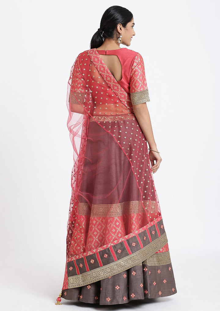 Grey and Pink Pearlwork Raw Silk Designer Lehenga-Koskii