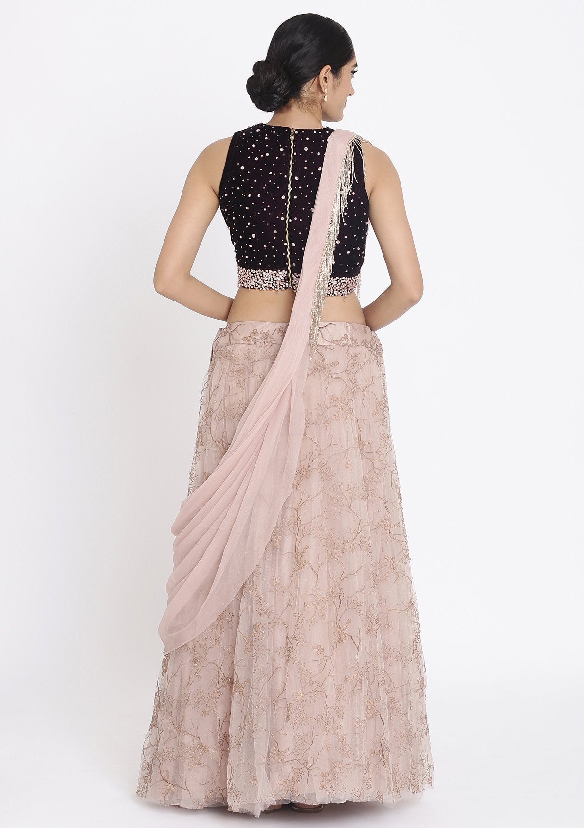 Lavender And Wine Stonework Net Designer Lehenga - koskii