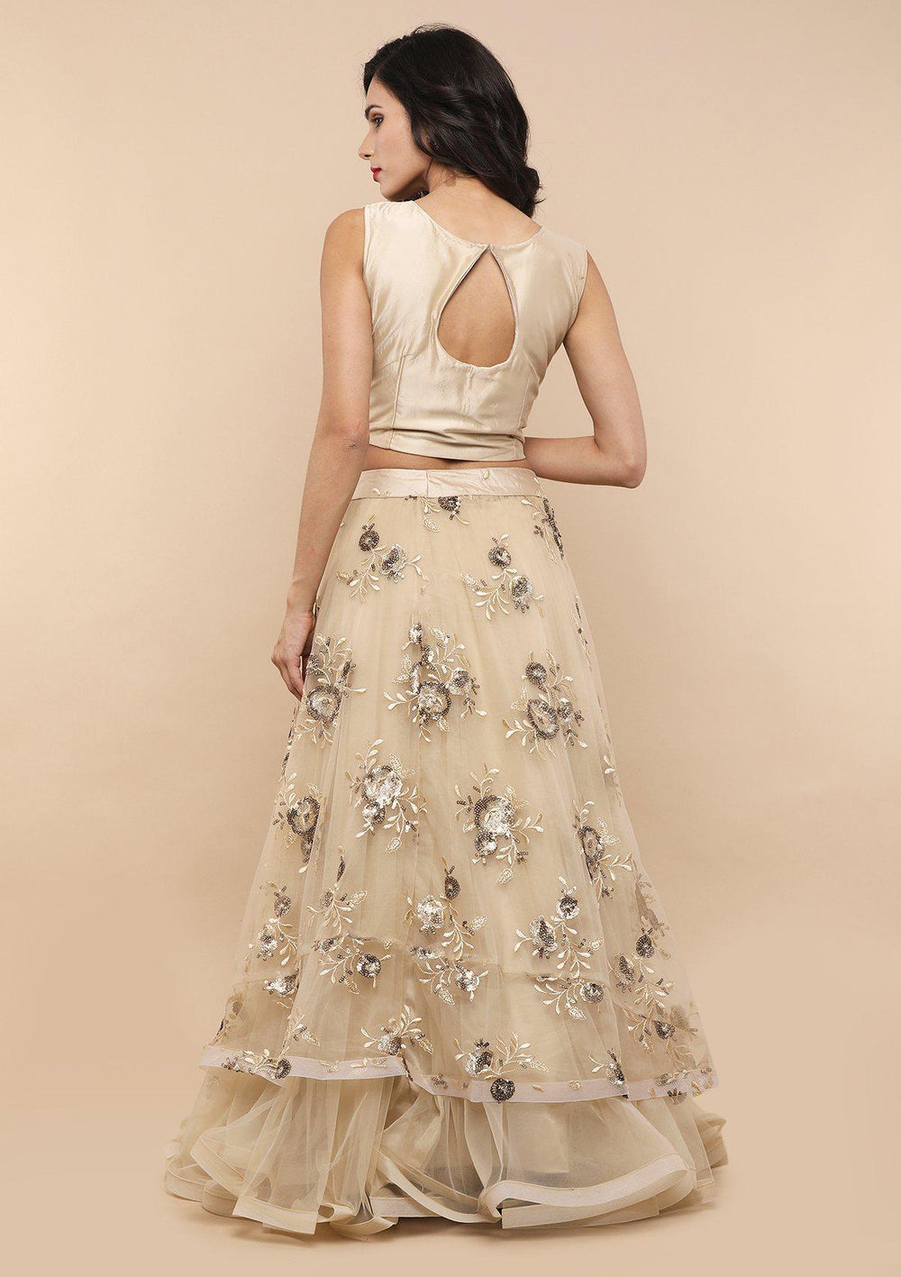 KOSKII BEIGE FLORAL NET LEHENGA-Koskii