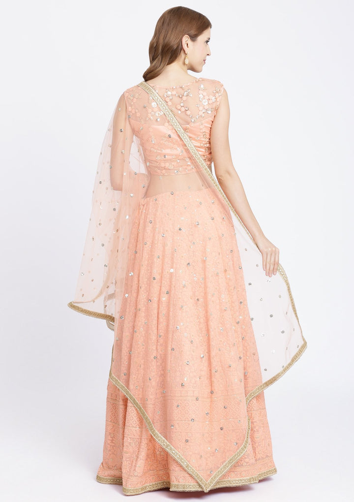 Peach Threadwork Chiffon Designer Lehenga-Koskii