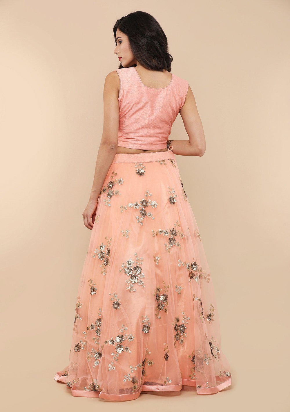 Peach Floral Net Designer Lehenga-Koskii