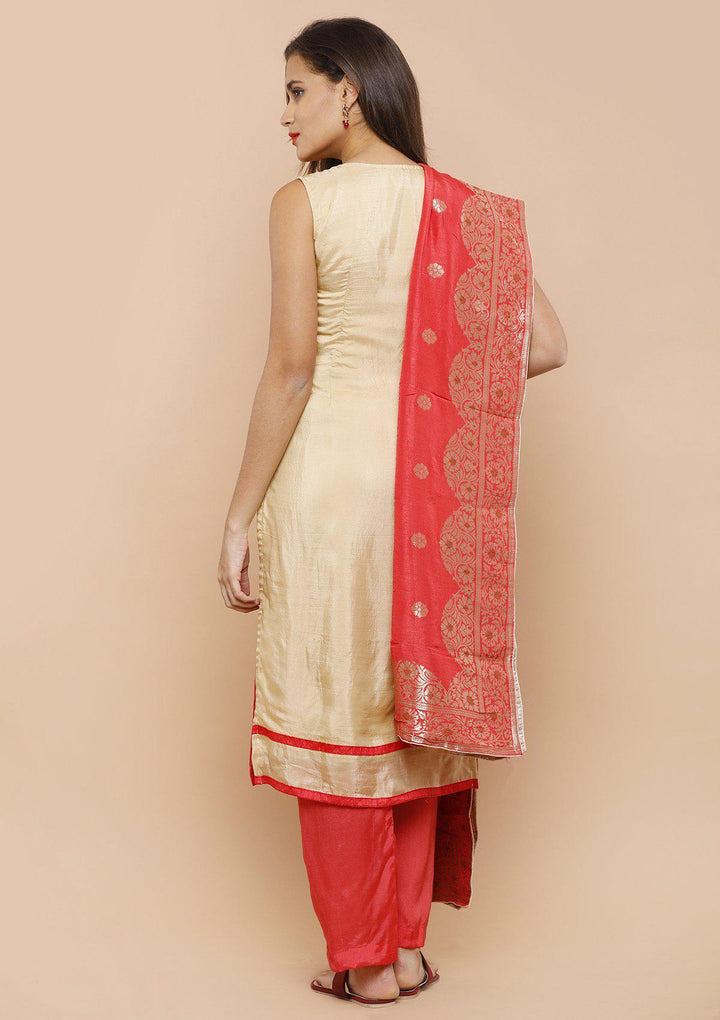 Beige and Red Silk Designer Salwar Suit-Koskii