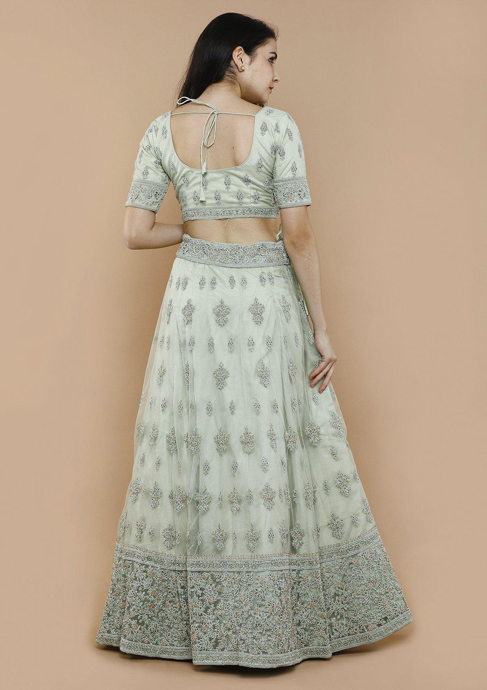 Fern Green Threadwork Silk Designer Lehenga-Koskii