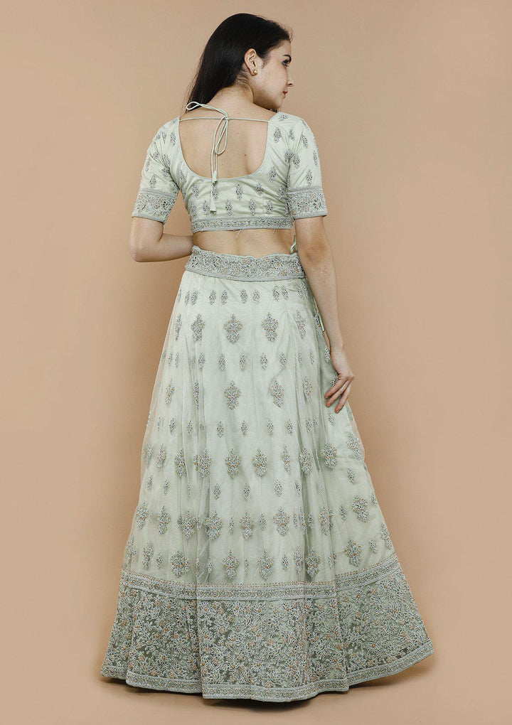 Fern Green Threadwork Silk Designer Lehenga-Koskii