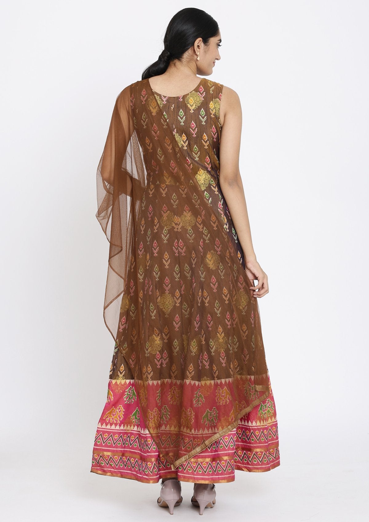 Brown Stonework Art Silk Designer Gown - koskii