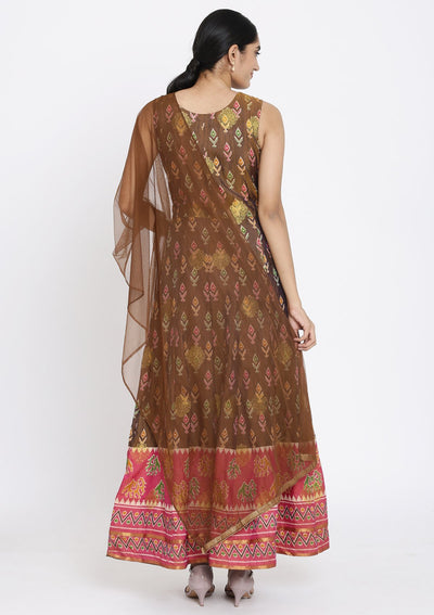 Brown Stonework Art Silk Designer Gown - koskii