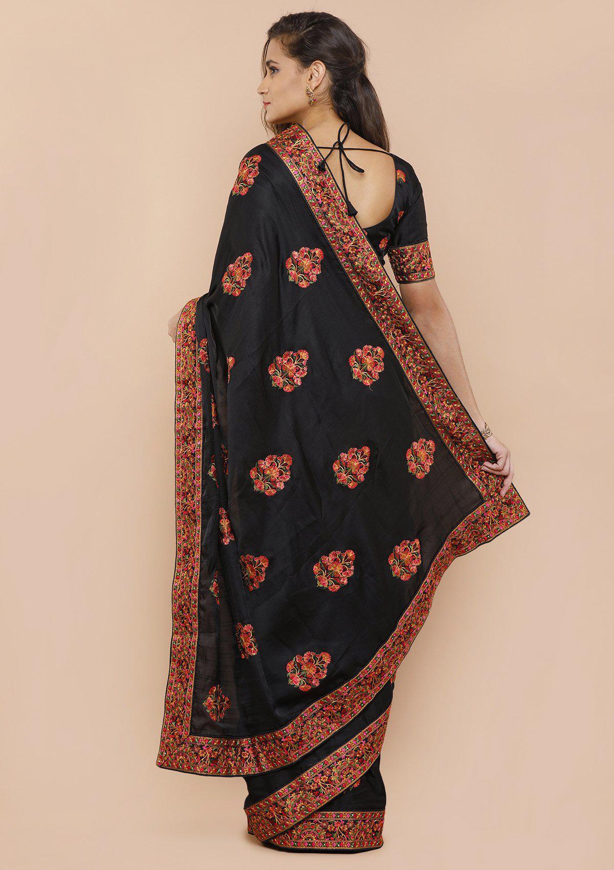 Black Threadwork Silk Designer Saree-Koskii