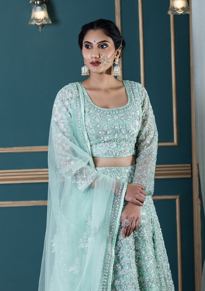 Pista Green Sequinned Net Designer Lehenga-Koskii