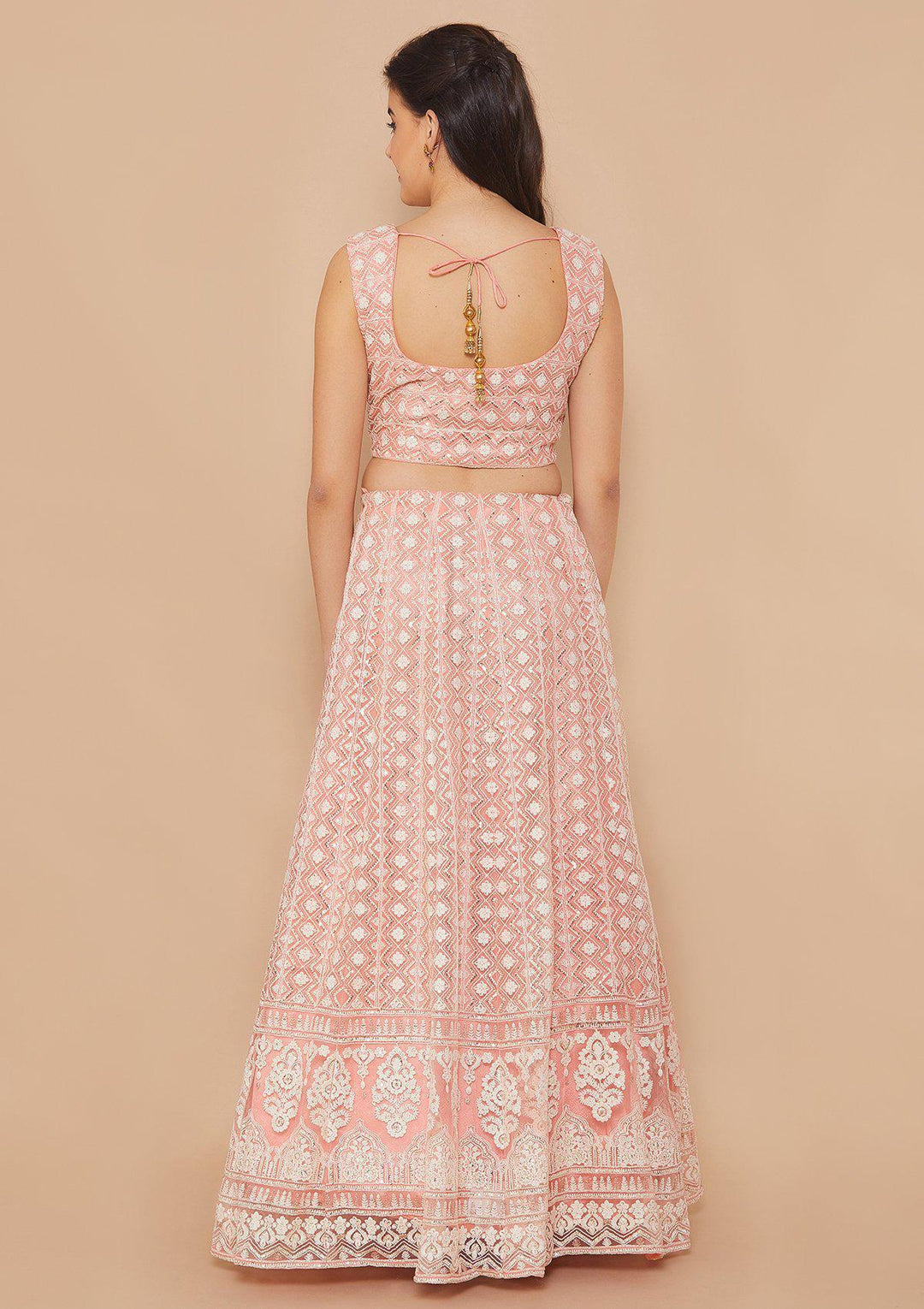 Pink Thread-Work Net Designer Lehenga-Koskii