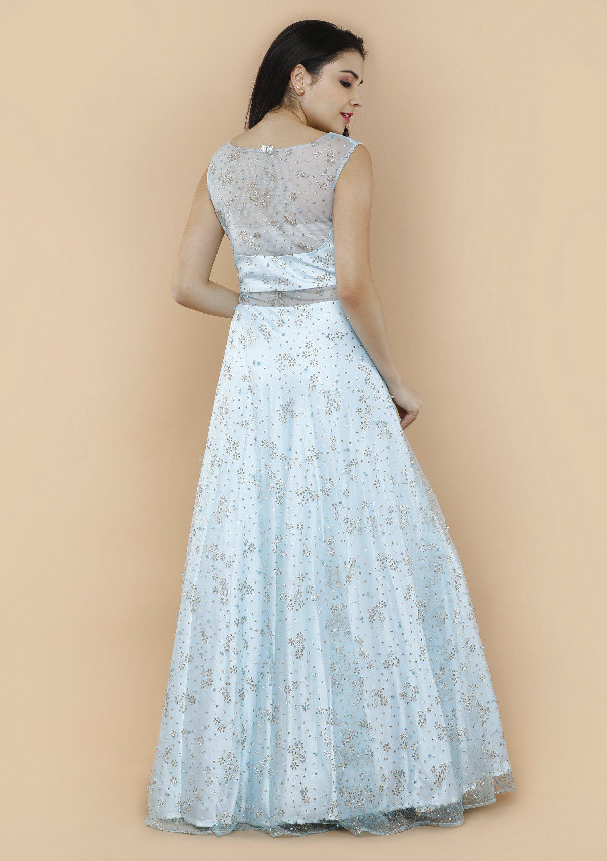 Shimmering Sky Blue Net Designer Gown-Koskii