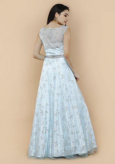 Shimmering Sky Blue Net Designer Gown-Koskii