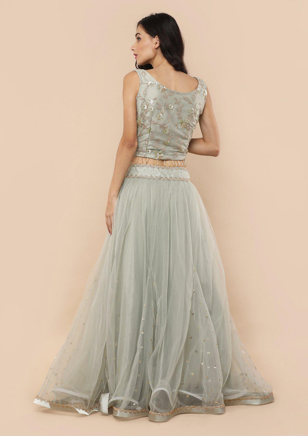 Pista Green Cutdana Work Net Designer Lehenga-Koskii