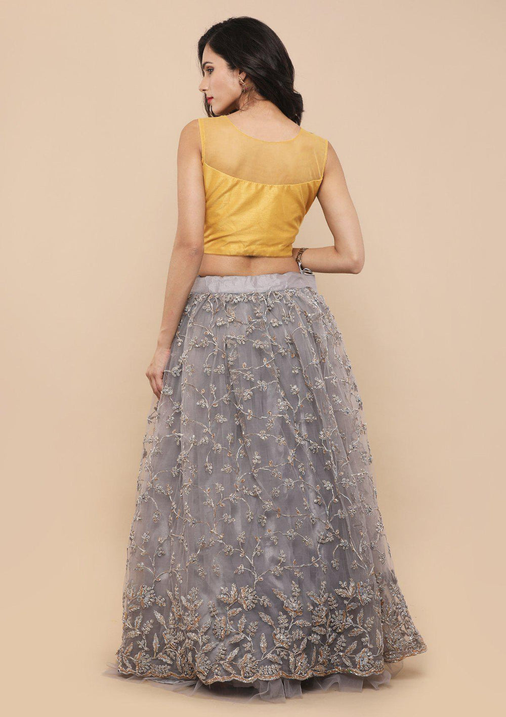 Yellow and Grey Net Designer Lehenga-Koskii