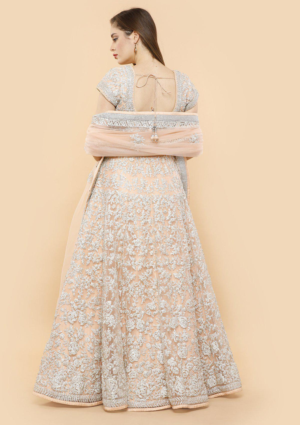 Peach Thread Work Net Designer Lehenga-Koskii