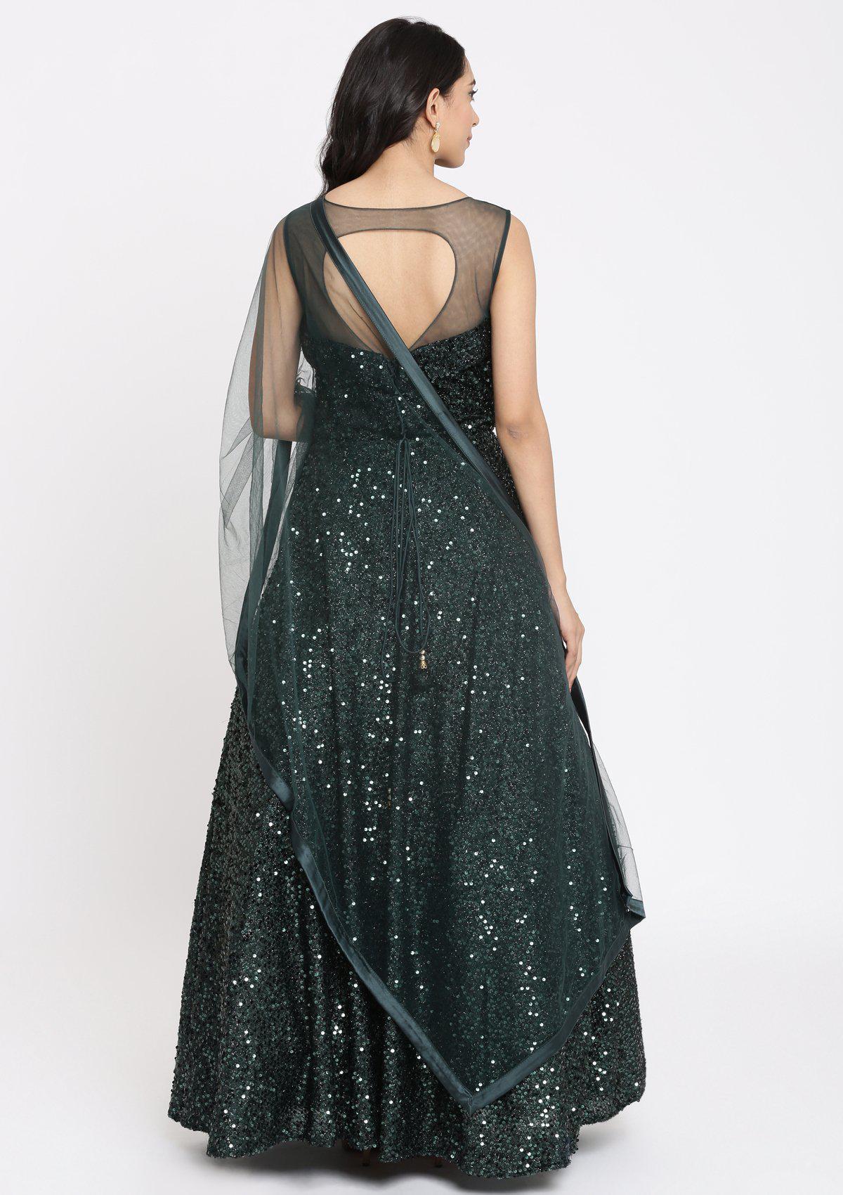 Bottle Green Sequins Imported Fabric Designer Gown-Koskii