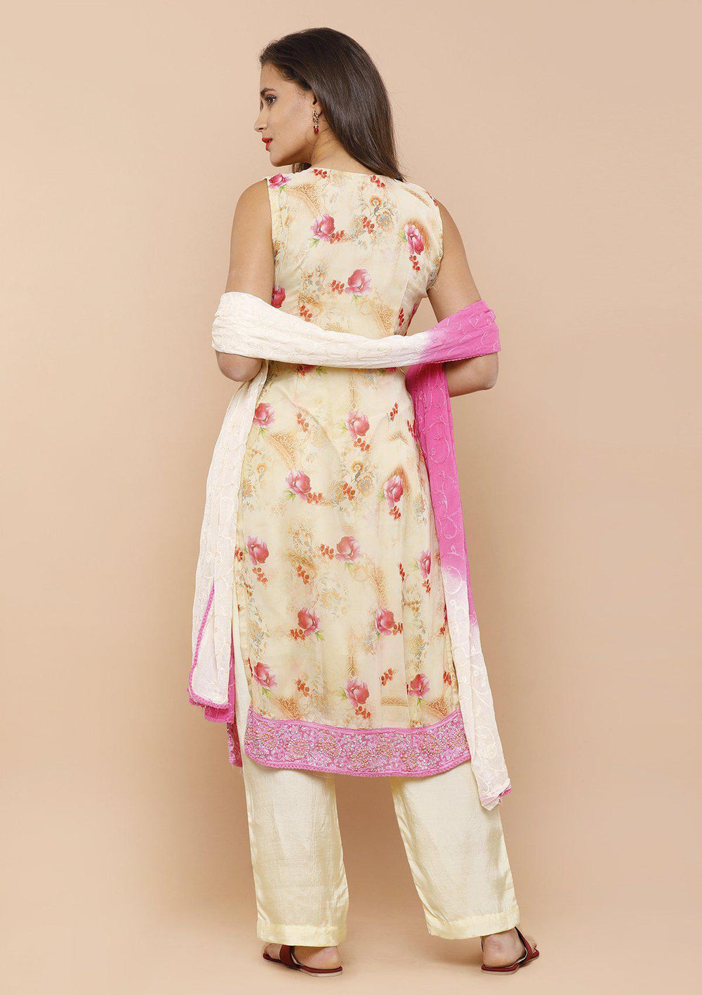 Cream and Pink Georgette Designer Salwar Suit-Koskii