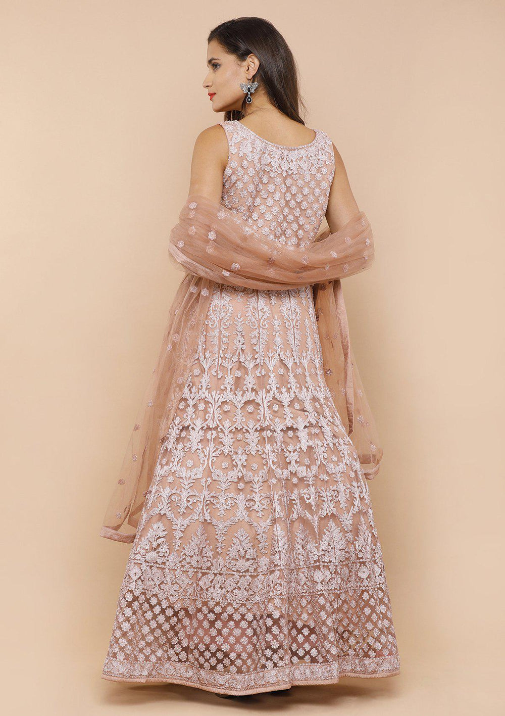 Dusty Rose Threadwork Net Designer Lehenga-Koskii