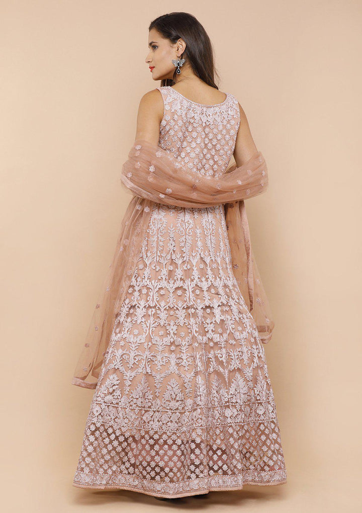 Dusty Rose Threadwork Net Designer Lehenga-Koskii