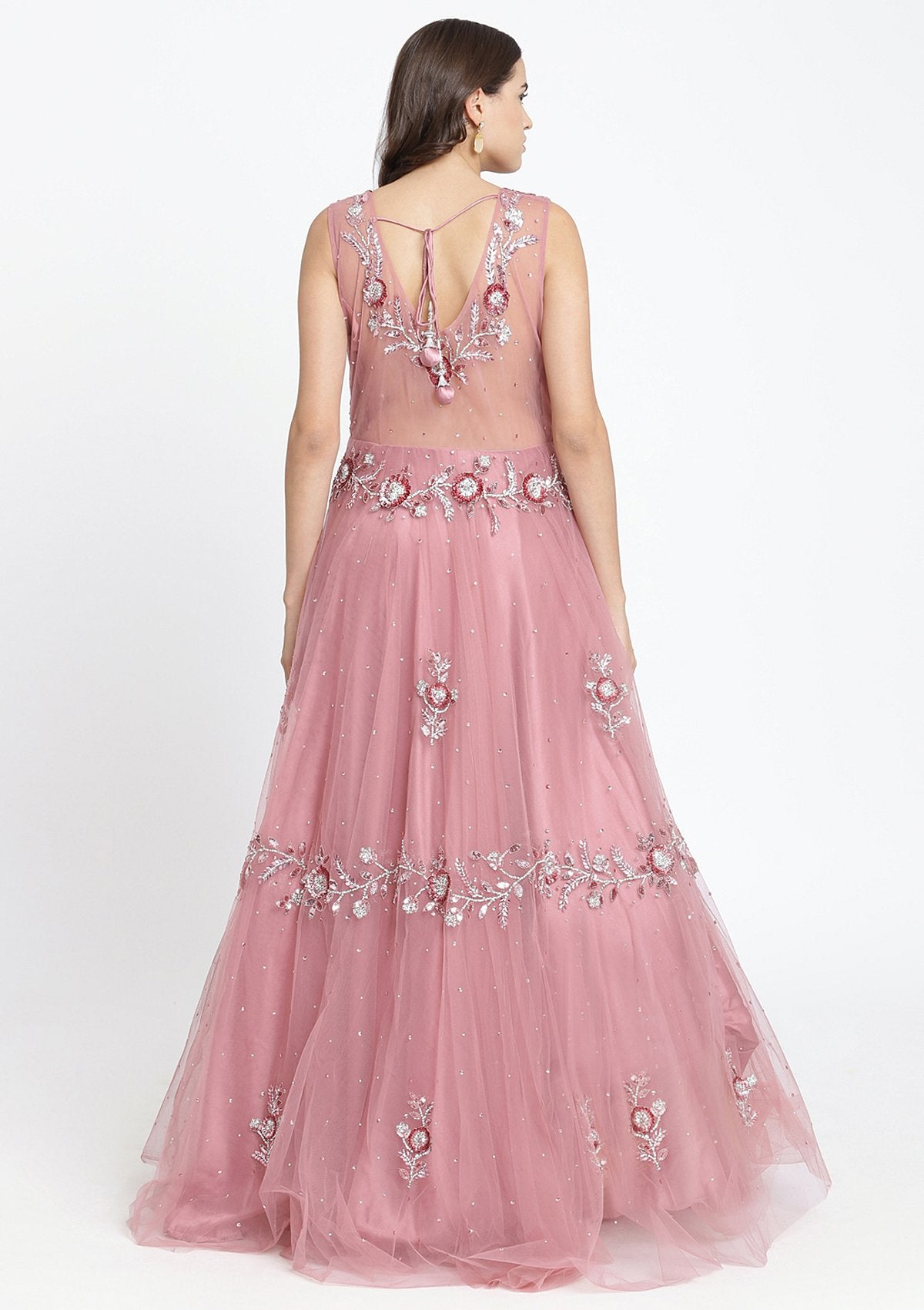 Onion pink Sequinned Net Designer Gown-Koskii