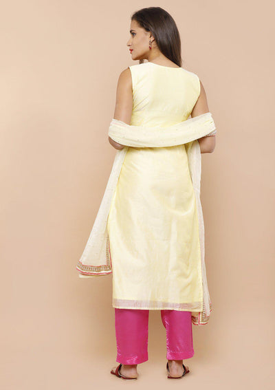 Yellow and Pink Floral Designer Salwar Suit-Koskii
