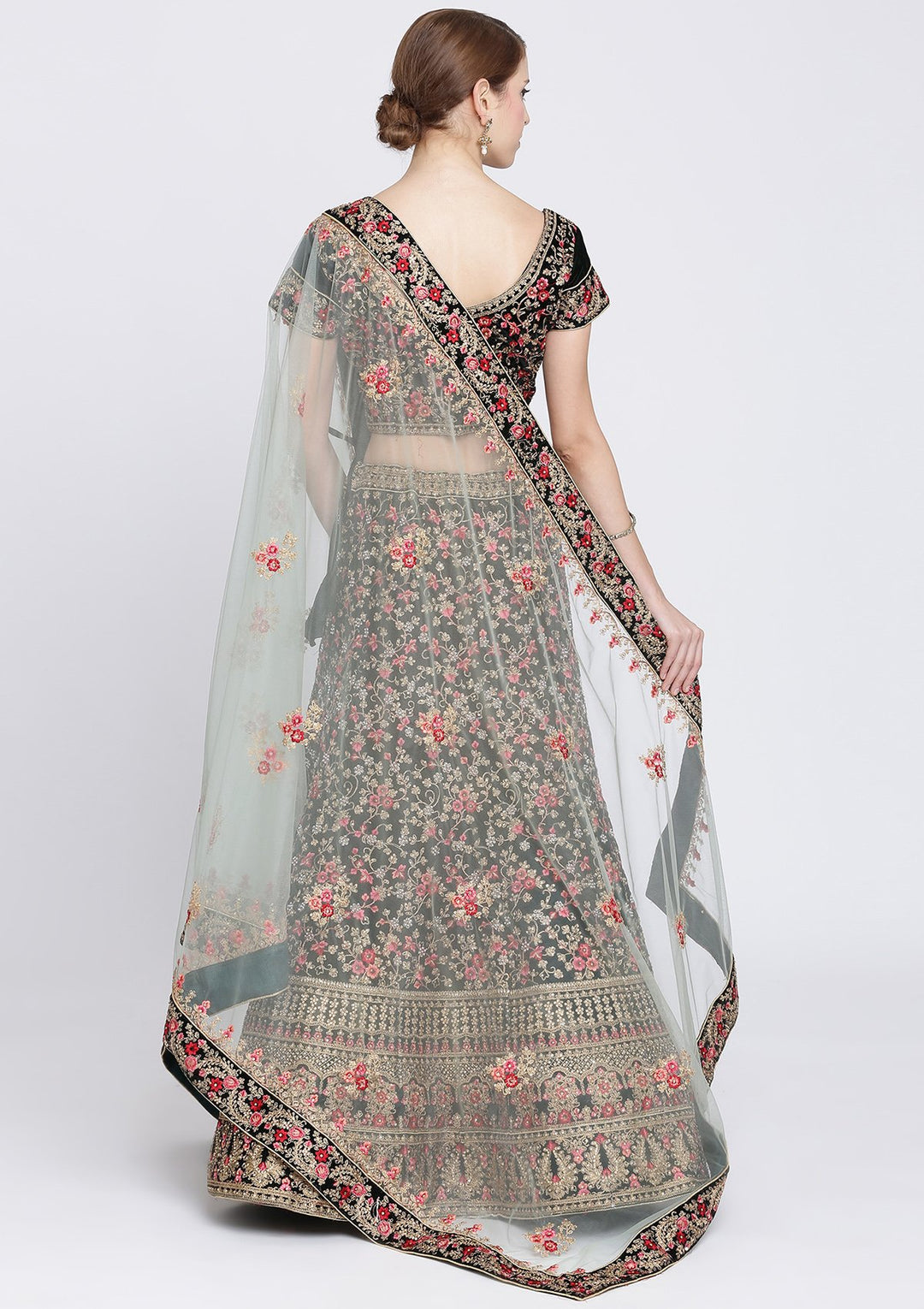 Bottle Green Stonework Velvet Designer Lehenga-Koskii