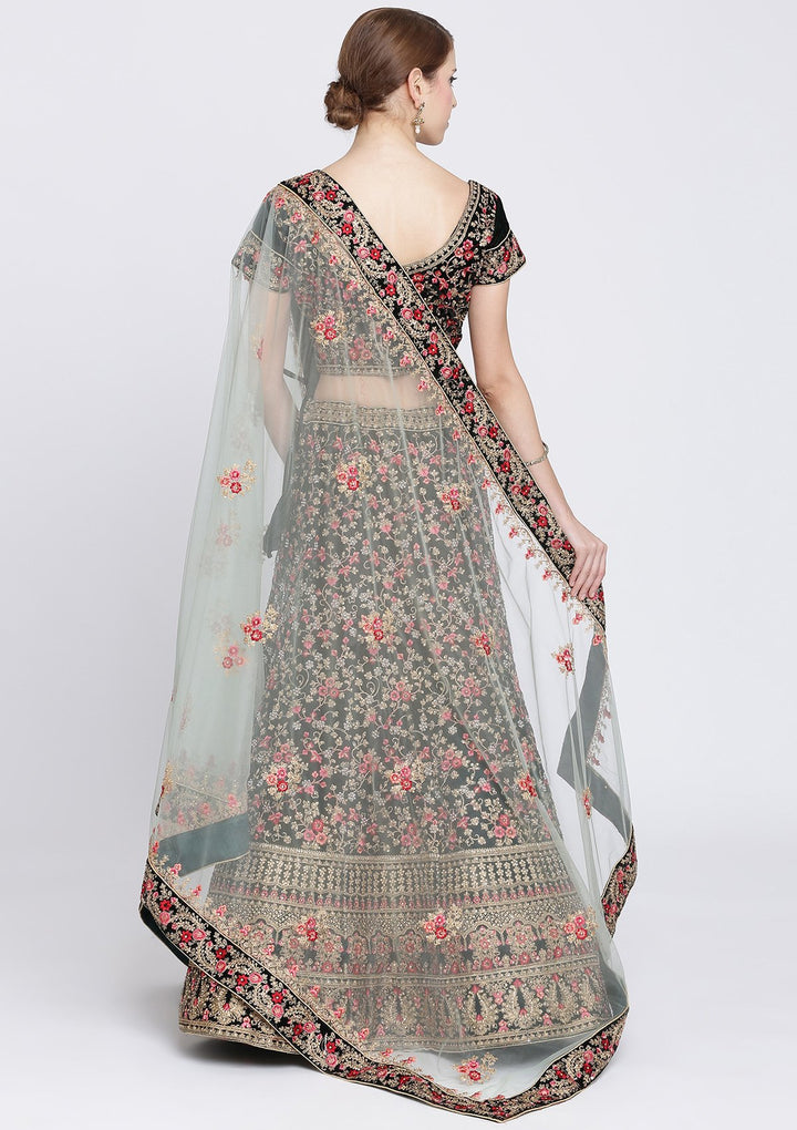 Bottle Green Stonework Velvet Designer Lehenga-Koskii